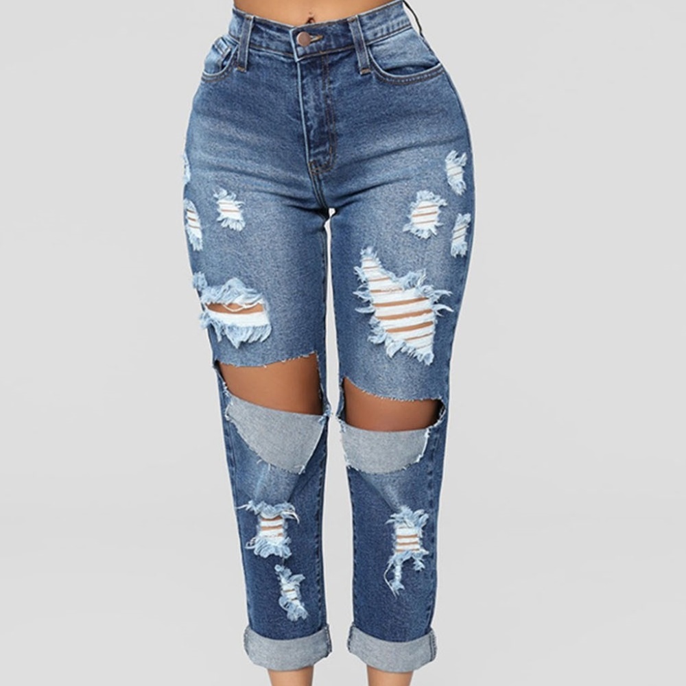 Fit Knee Ripped Hole Long Denim Women Pants
